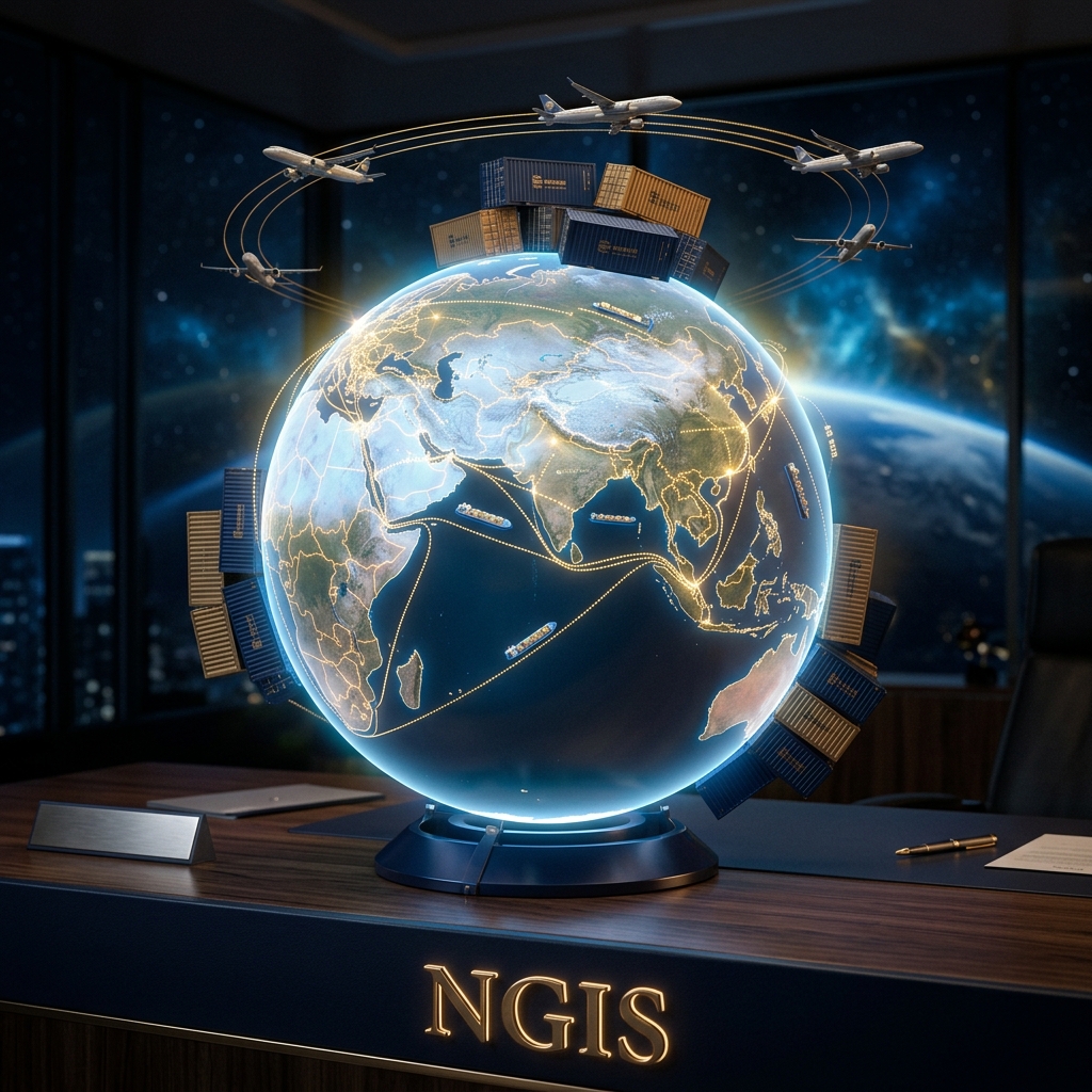 NGIS Global Trade Hub - Earth Globe with Shipping Containers and Cargo Routes